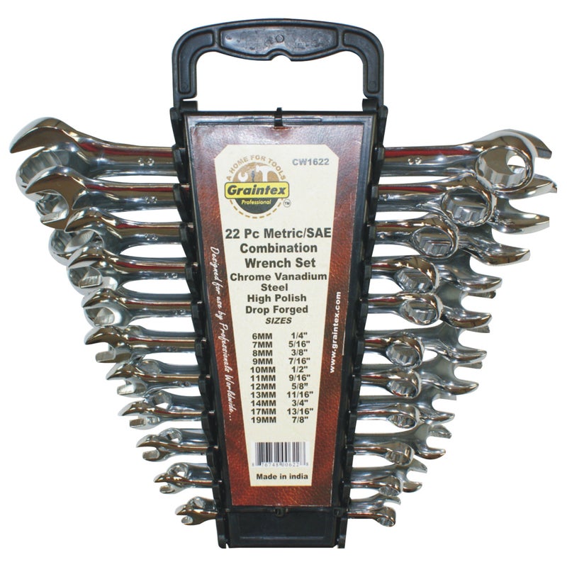 Graintex CW1622 metric/SAE Combination Wrench Set CRV Steel, 22 Pc